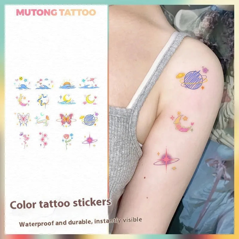 Butterfly sun moon geometric tattoo sticker for shoulder or clavicle placement