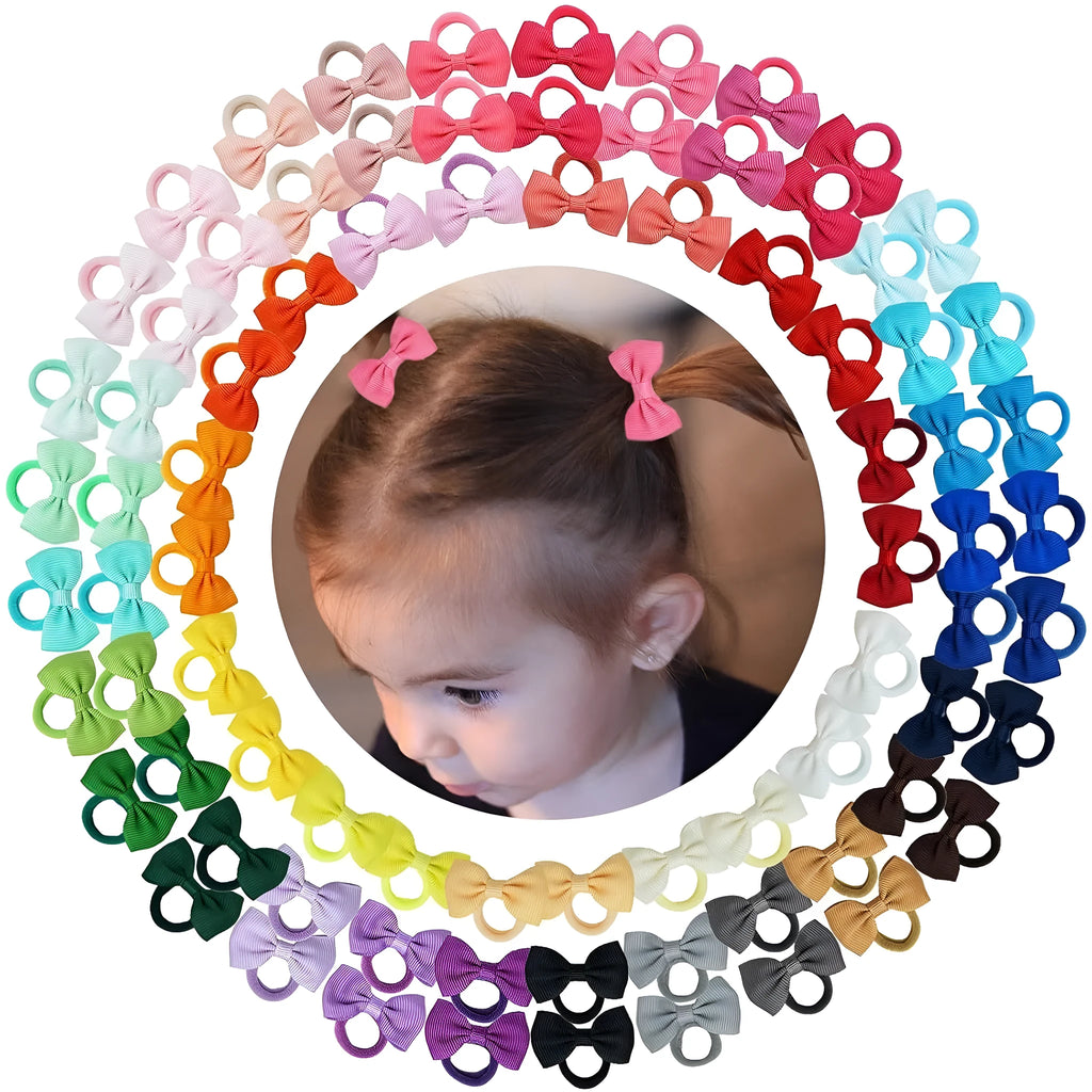 80 multi-coloured baby hair ties with small grosgrain ribbon bows for infants and toddlers