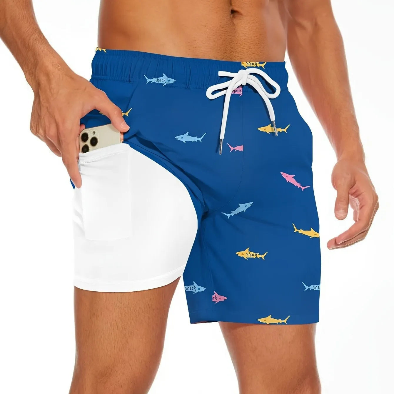 Men's straight-leg beach shorts with shark figure design and drawstring waist in blue colour