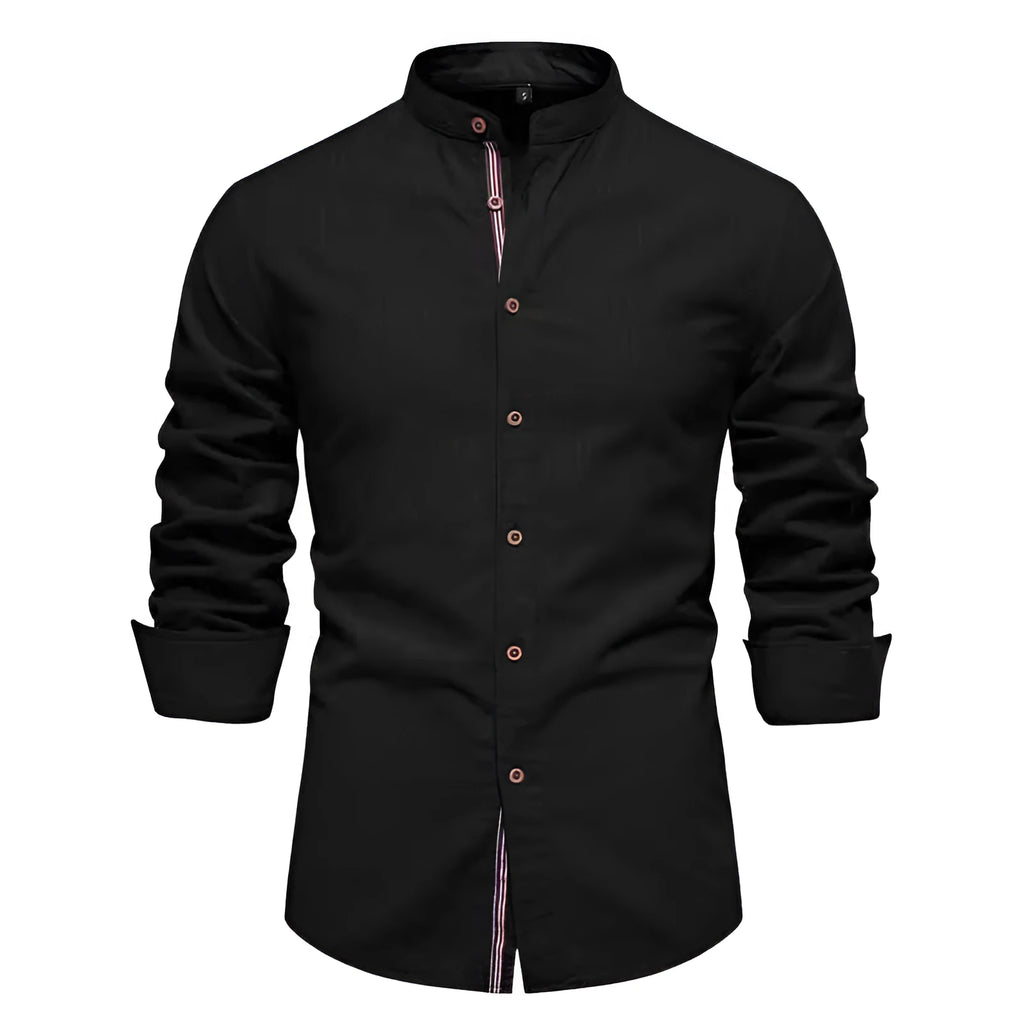 Men's solid colour long sleeve non-iron hemp blend shirt in army green, front view