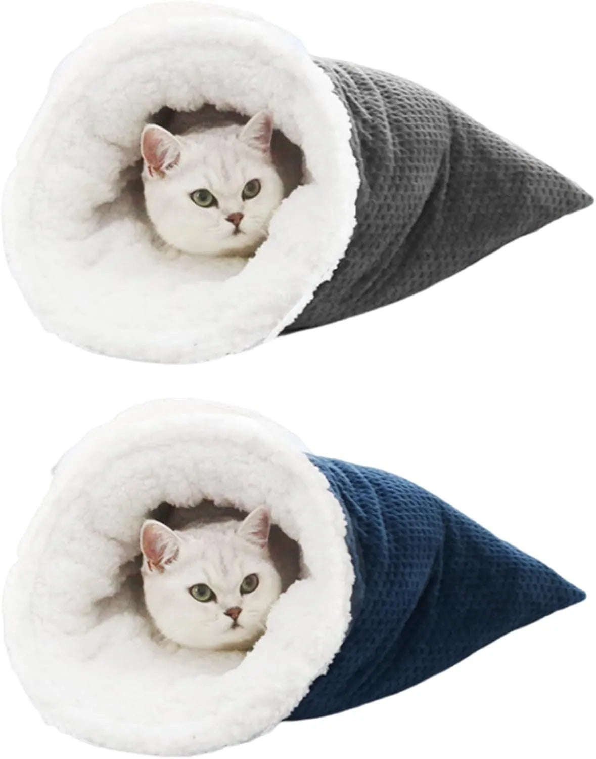 Gray cat winter sleeping bag with semi-enclosed cave design and crinkle sack for cats up to 6 kg