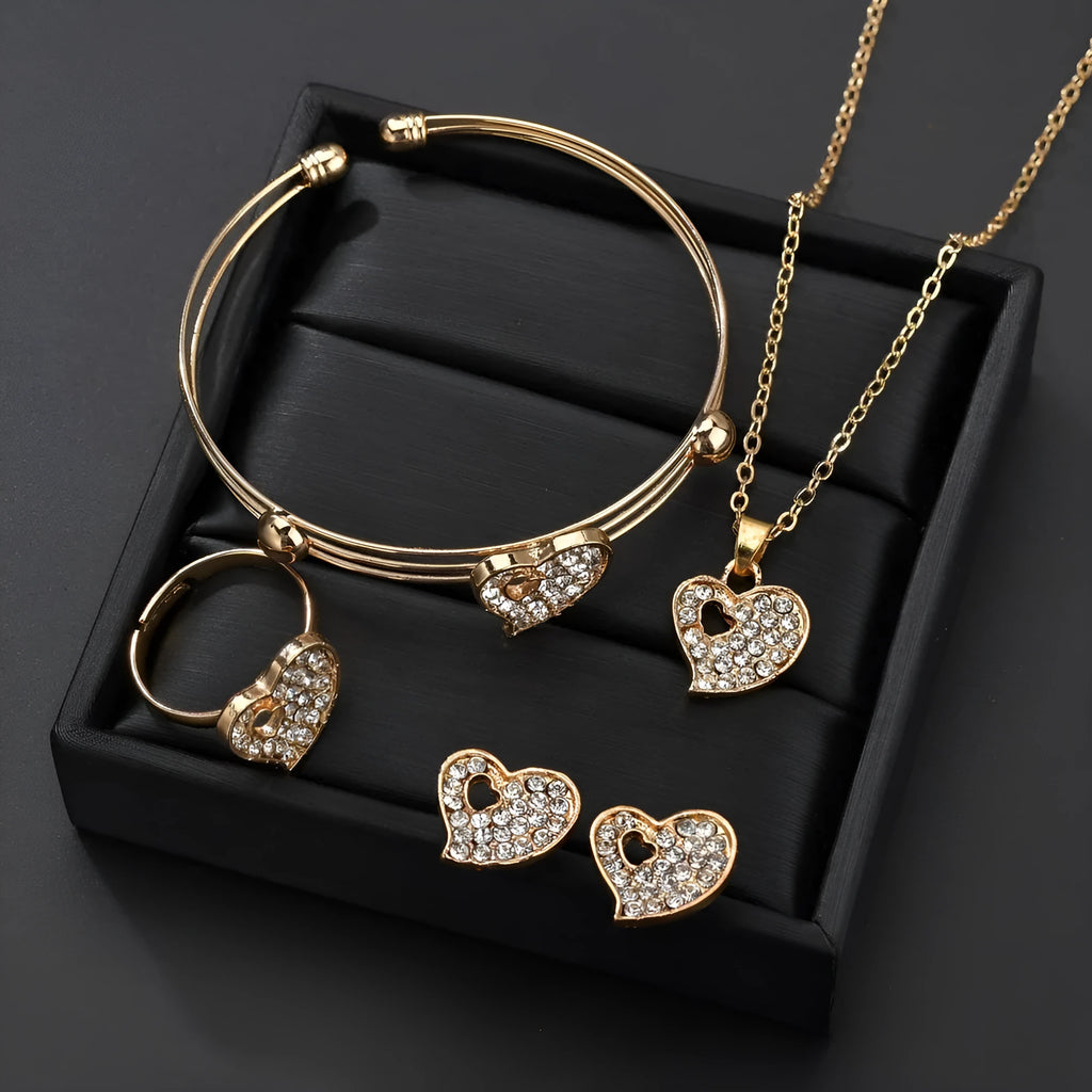 Gold alloy jewellery set with love heart, water drop, and bell pendants including earrings, necklace, and bracelet