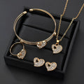 Gold alloy jewellery set with love heart, water drop, and bell pendants including earrings, necklace, and bracelet