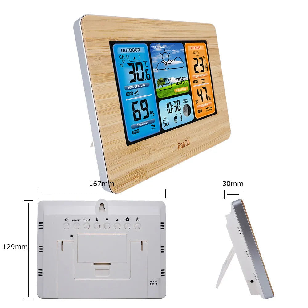 Rectangular LCD digital weather station clock with indoor outdoor temperature humidity display