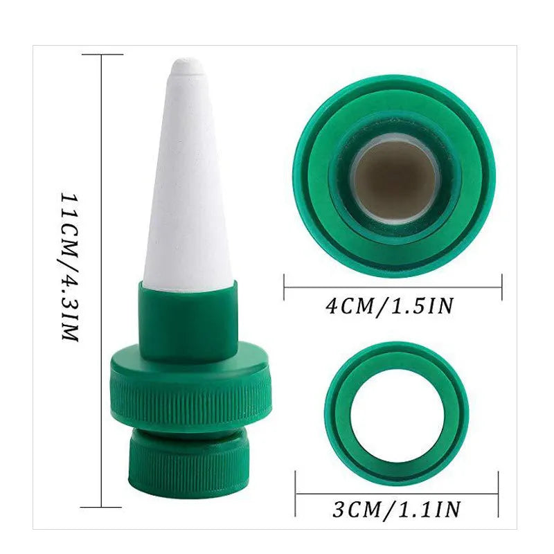 Green ceramic plant water dripper attached to plastic bottle for DIY garden irrigation system