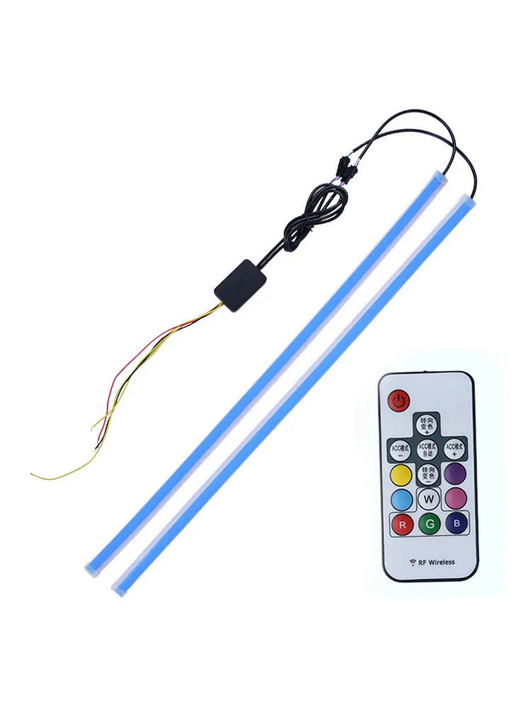 Universal LED daytime running lights with RGB colourful streamer turn signals and remote control for vehicles