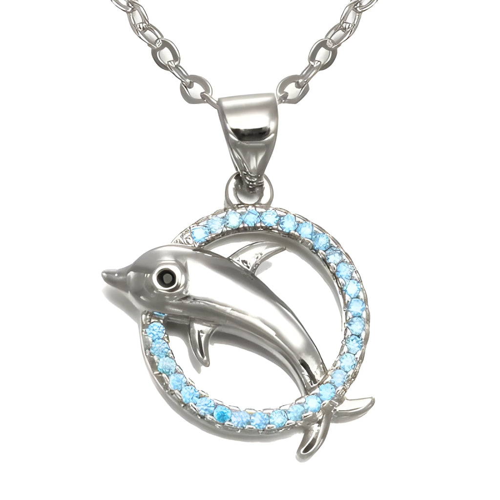 Romantic dolphin copper pendant necklace available in rose gold and silver finishes