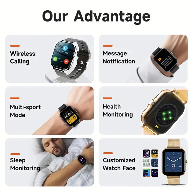 Smart watch with 144-inch screen showing heart rate display and Bluetooth calling interface