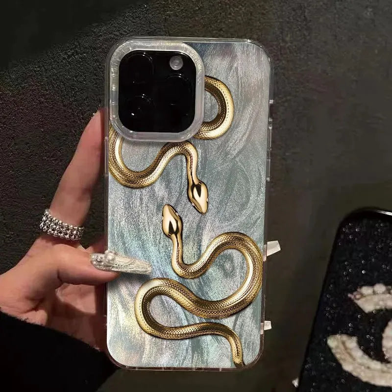 Silicone phone case with two gold snake animal print and frosted finish for iPhone