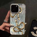 Silicone phone case with two gold snake animal print and frosted finish for iPhone