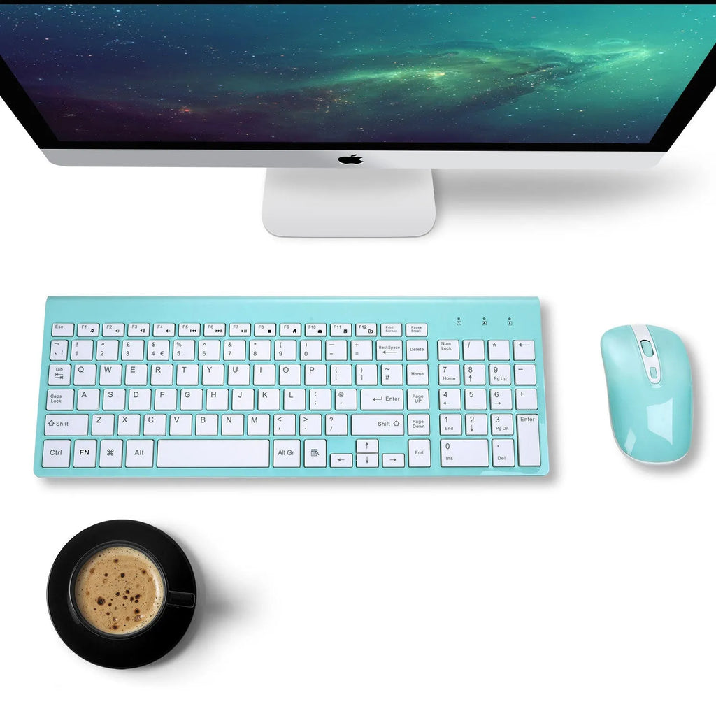 Blue wireless keyboard and mouse set with full-size layout and numeric keypad for desktop computer