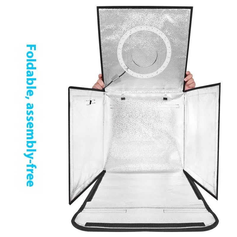 50cm studio light box with USB plug and three-colour temperature light board folded for storage.