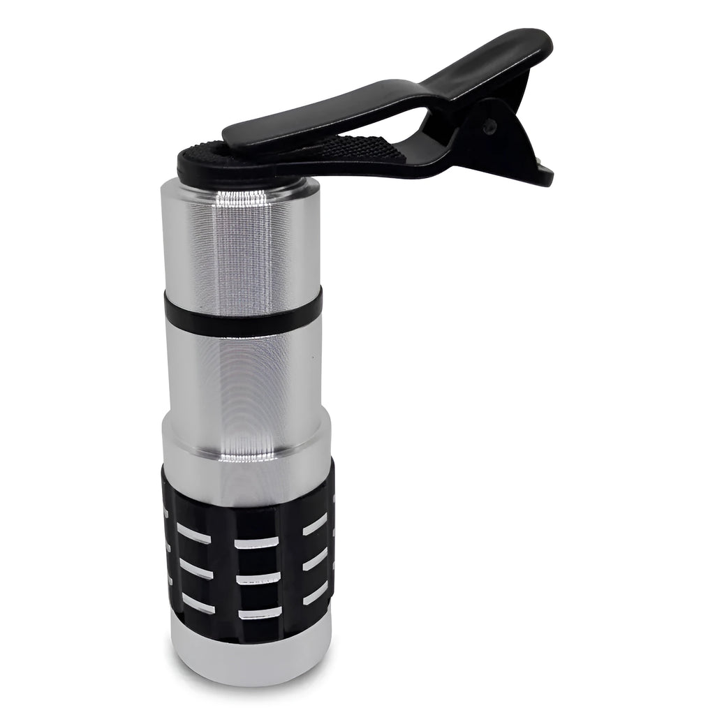 12x telescopic zoom lens with universal collar clip attached to a mobile phone for long-distance filming.