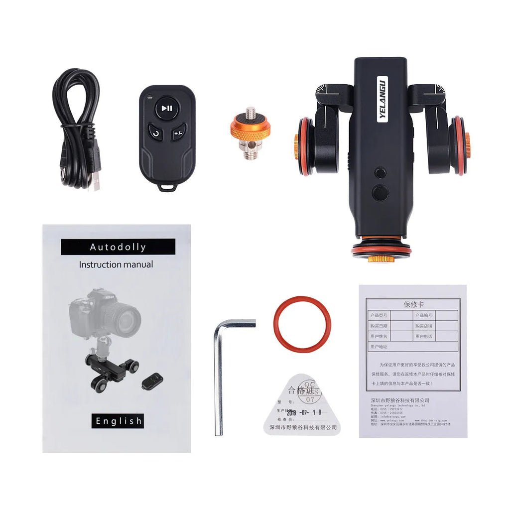 Wolf King L4X mobile camera remote control slide car with black body and silver remote on a tabletop