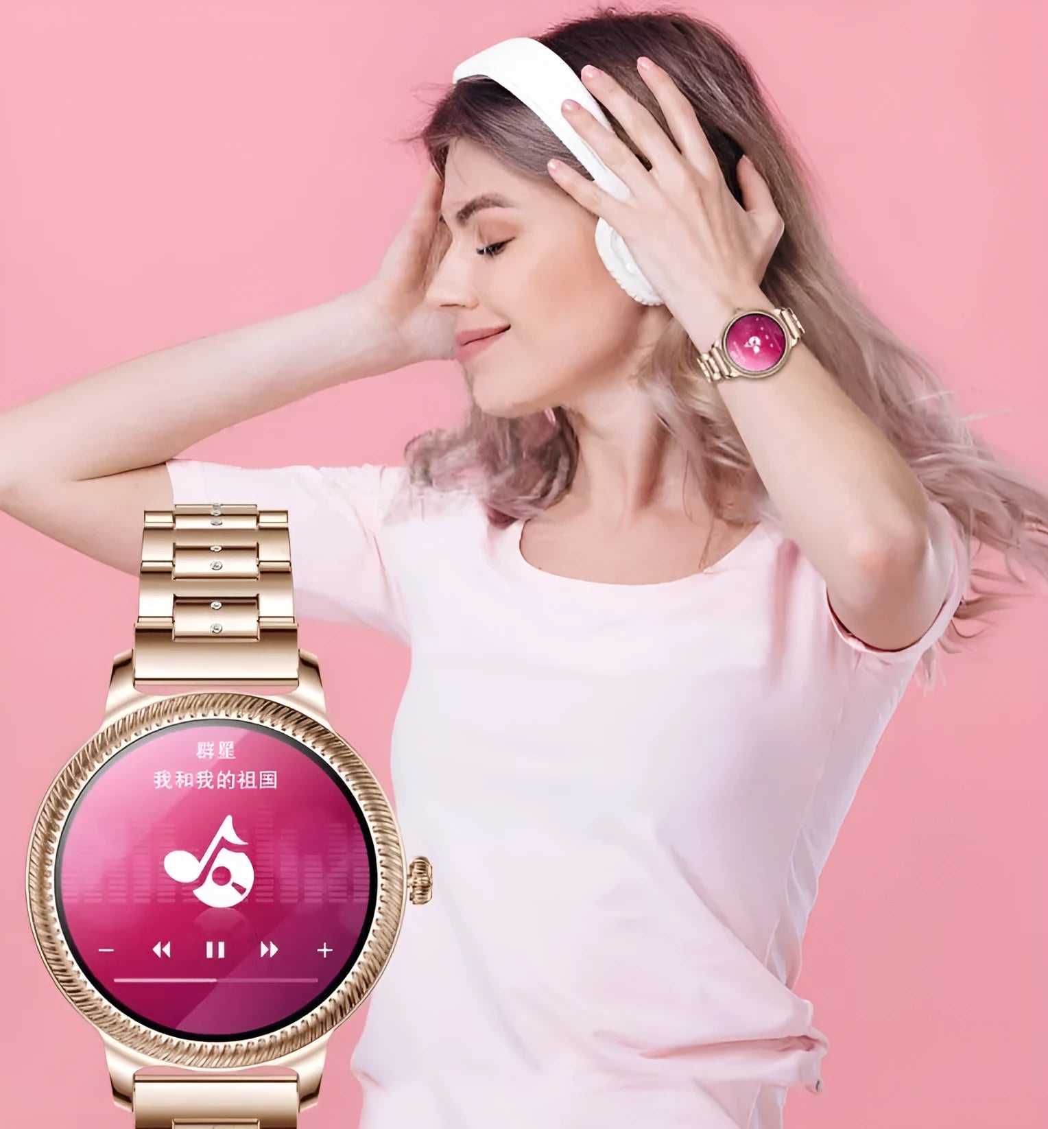 AK38 ladies smart watch with stainless steel Milanese mesh band and colour screen displaying time.