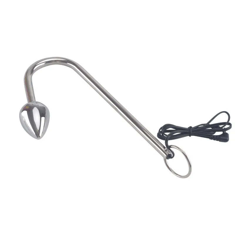 Silver metal stainless steel electric shock couple toy with three round bead sizes on a dark surface