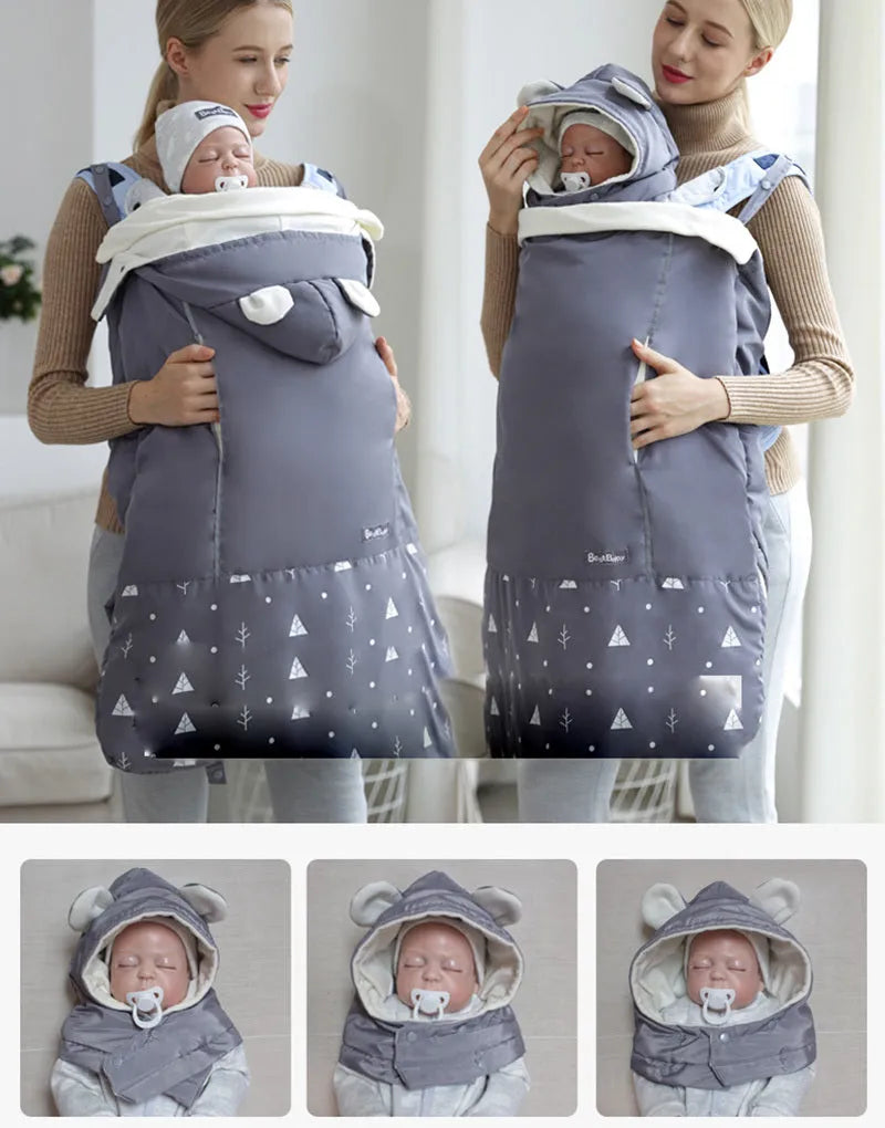 Baby carrier cloak cover windproof quilt coral fleece 78x64cm with detachable hood and reflective tape in Blue