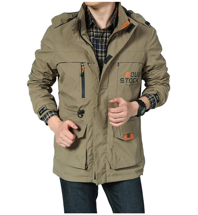 Men's spring casual waterproof breathable long hooded stand collar nylon jacket in khaki colour