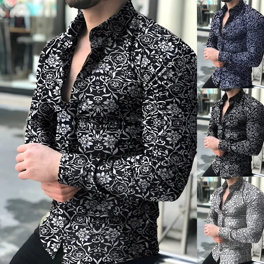 Casual floral shirt with lapel collar, long sleeves, available in multiple colours and sizes M to 5XL