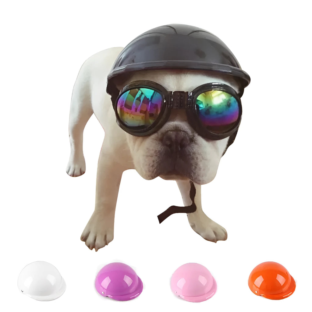 ABS pet toy helmet in black with rivet link belt and sponge pad inside, shown in size S, M or L