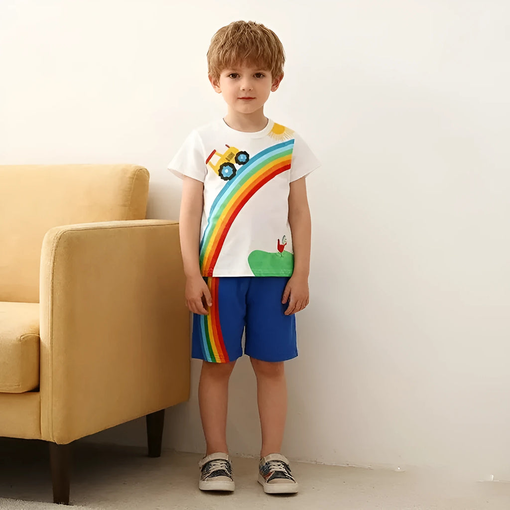 Baby boys' ivory white rainbow short sleeve summer cotton two-piece suit set for toddlers