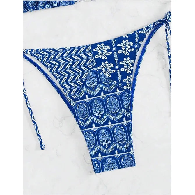 Women's bandage swimsuit with split bikini printing and stitching details in polyester fabric