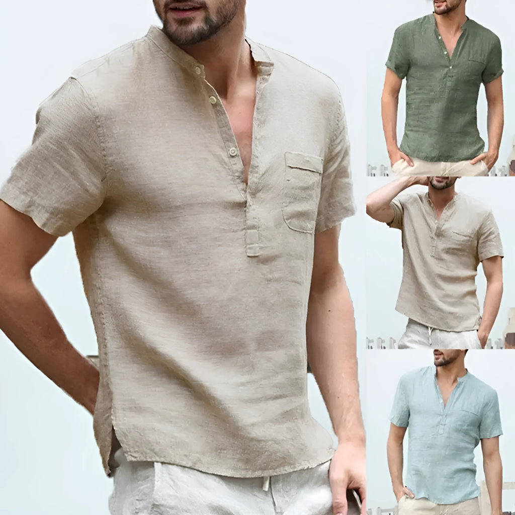 Casual linen polo shirt in Beige, Black, Dark Blue, Grey, or White, short sleeve, sizes L to 5XL