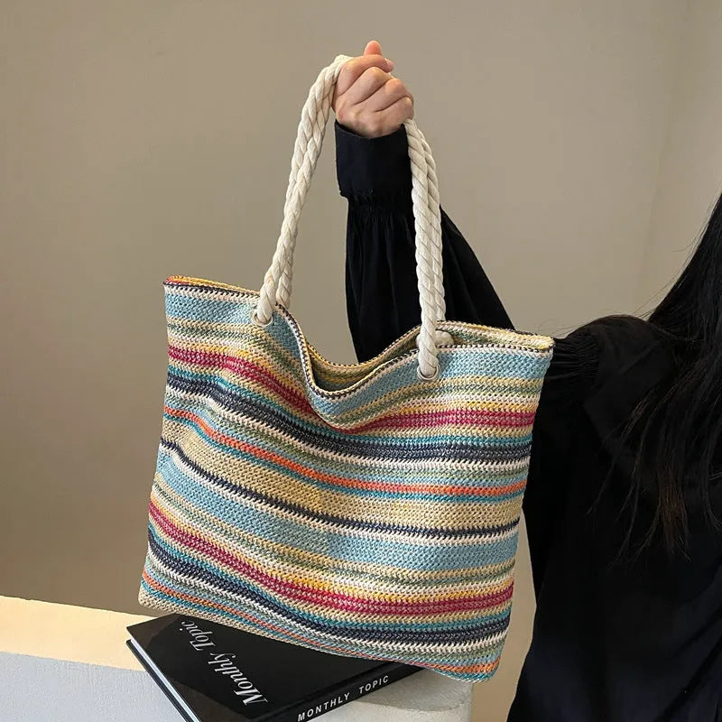 Blue woven nylon shoulder bag with large capacity and polyester lining