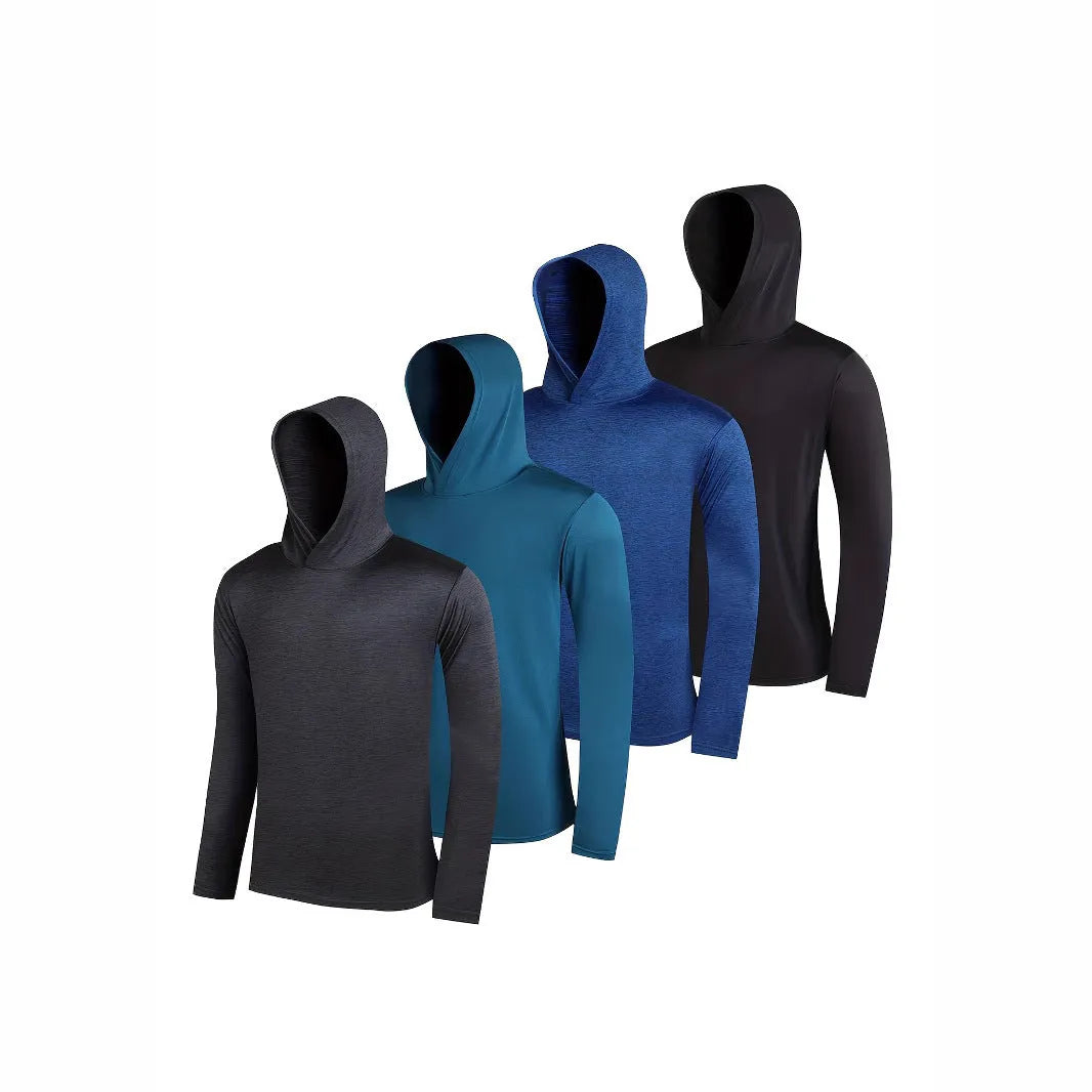 Pack of four men's lightweight polyester hoodies in various colours, showing hooded and non-hooded style options.