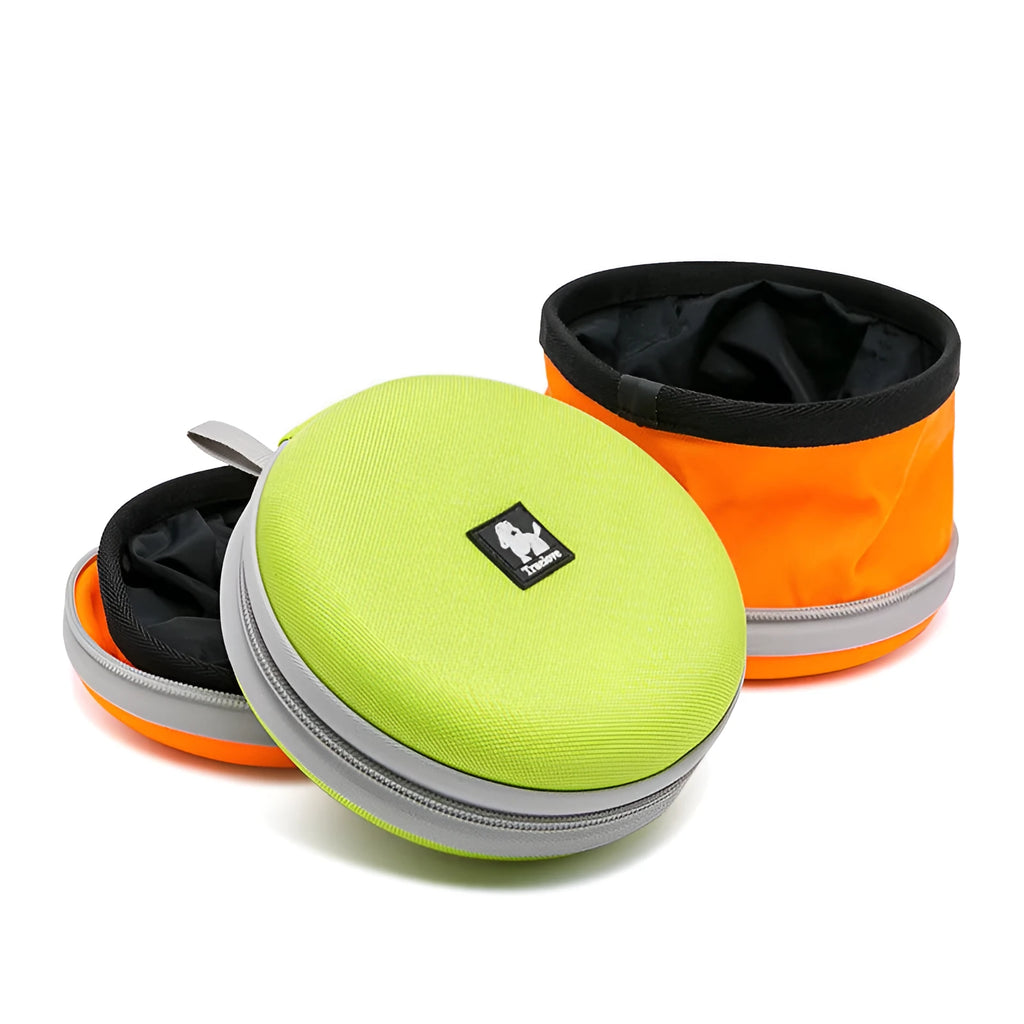 Pet Out Kettle folding dog bowl set in green, showing two separate bowls open for water and food with a 15cm diameter