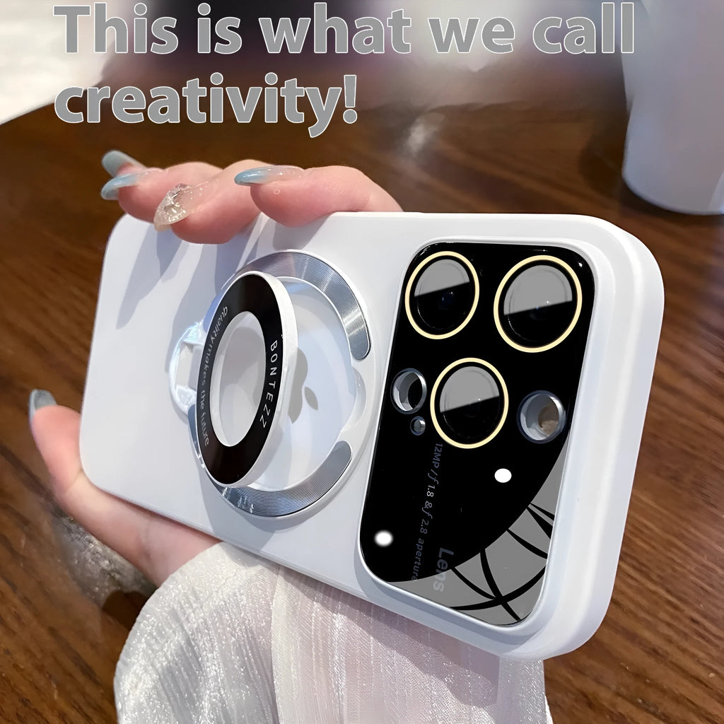 Magnetic flip iPhone case with lens protection, bracket, and PC cover in black