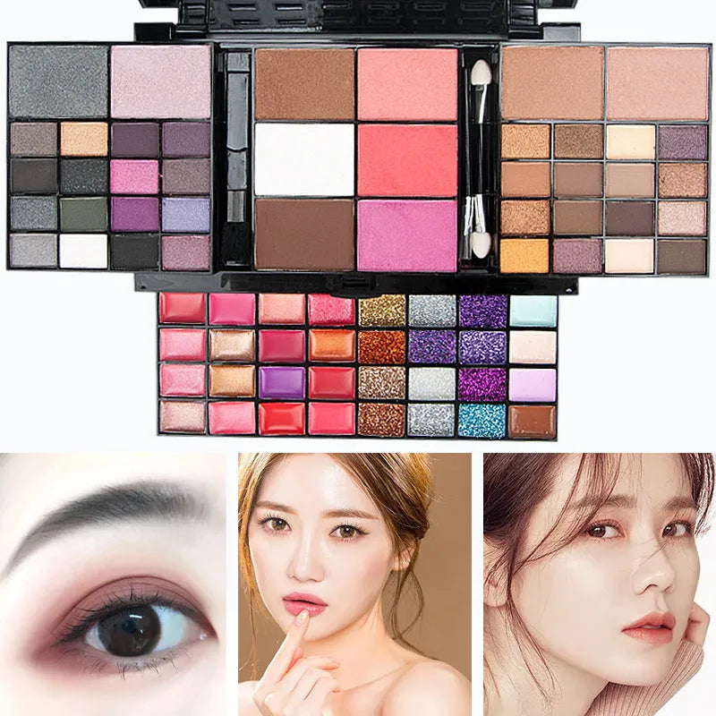 74 colour makeup palette open showing four layers of eyeshadow, lip gloss, blush and contour powders with included brushes.