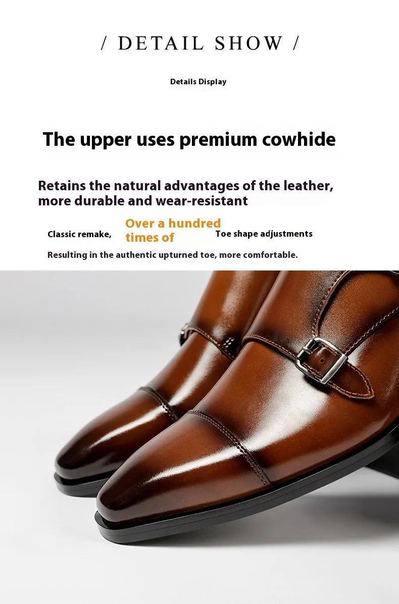 Men's black and light brown leather business shoes with square toe design and rubber sole