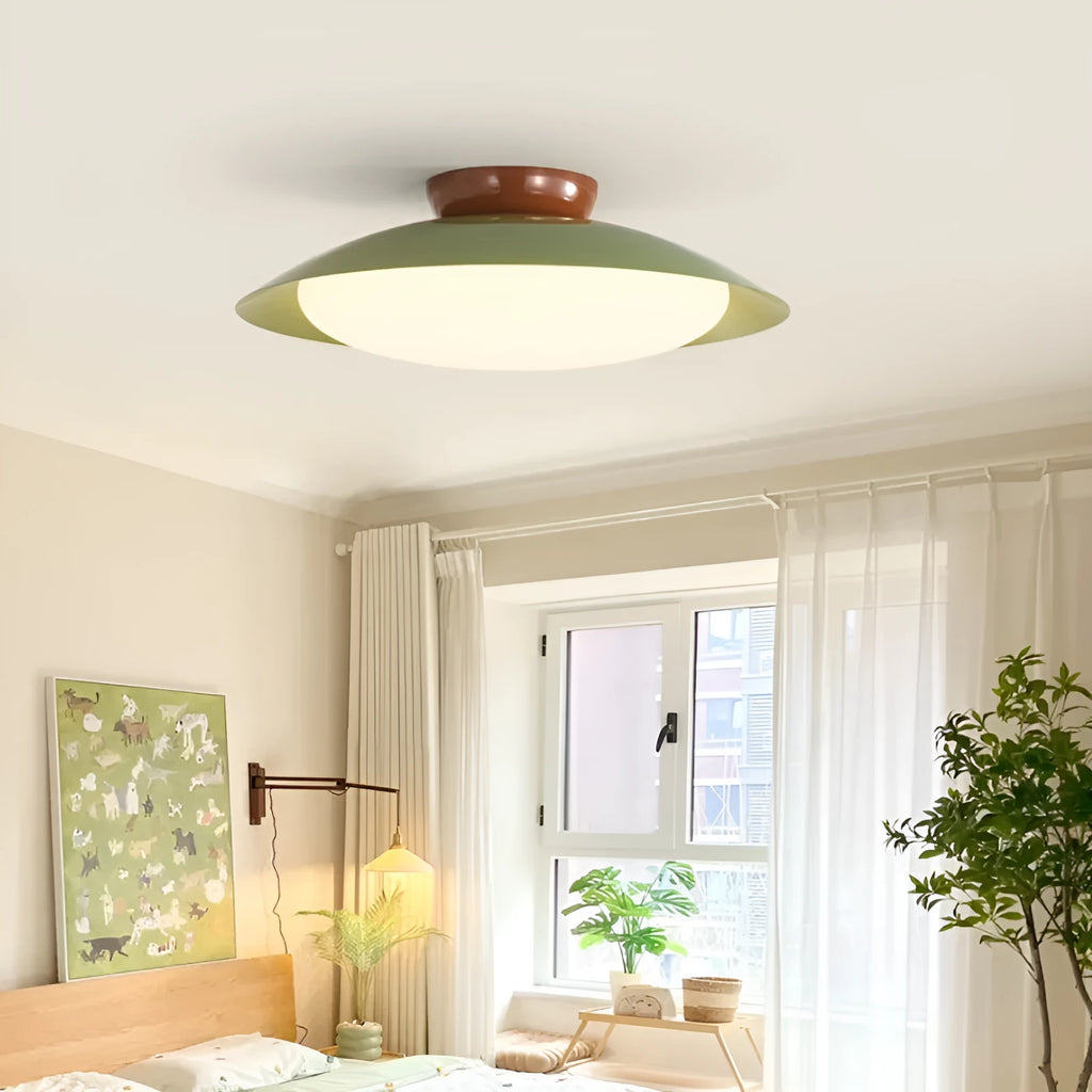 Modern minimalist flying saucer ceiling lamp in cream style with iron shade and three-colour lighting