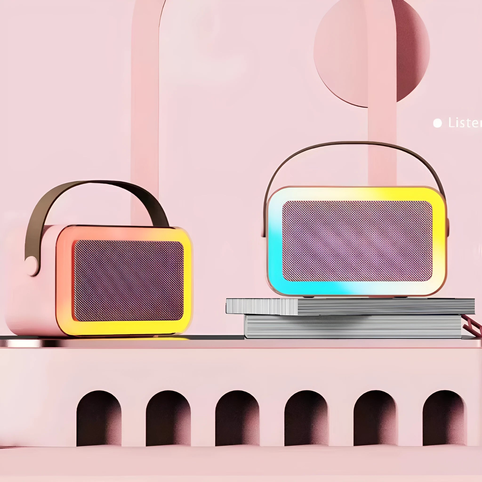 Portable karaoke microphone Bluetooth speaker with coloured lights in pink, sky blue, and white colour options