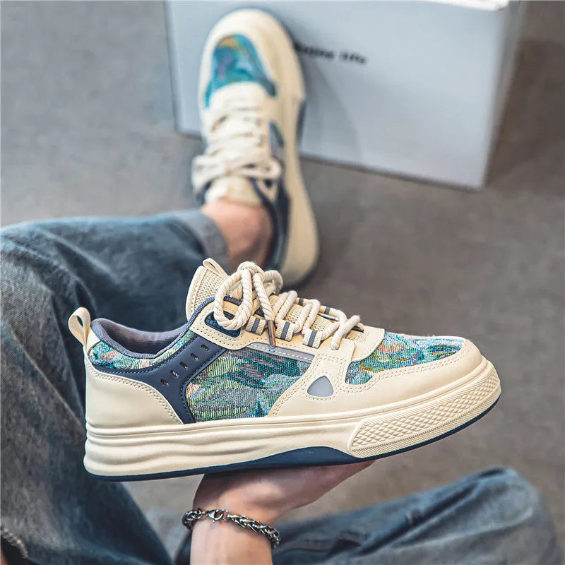 Casual beige and green canvas flat shoes for men with round toe, shown in sizes 39 to 44.