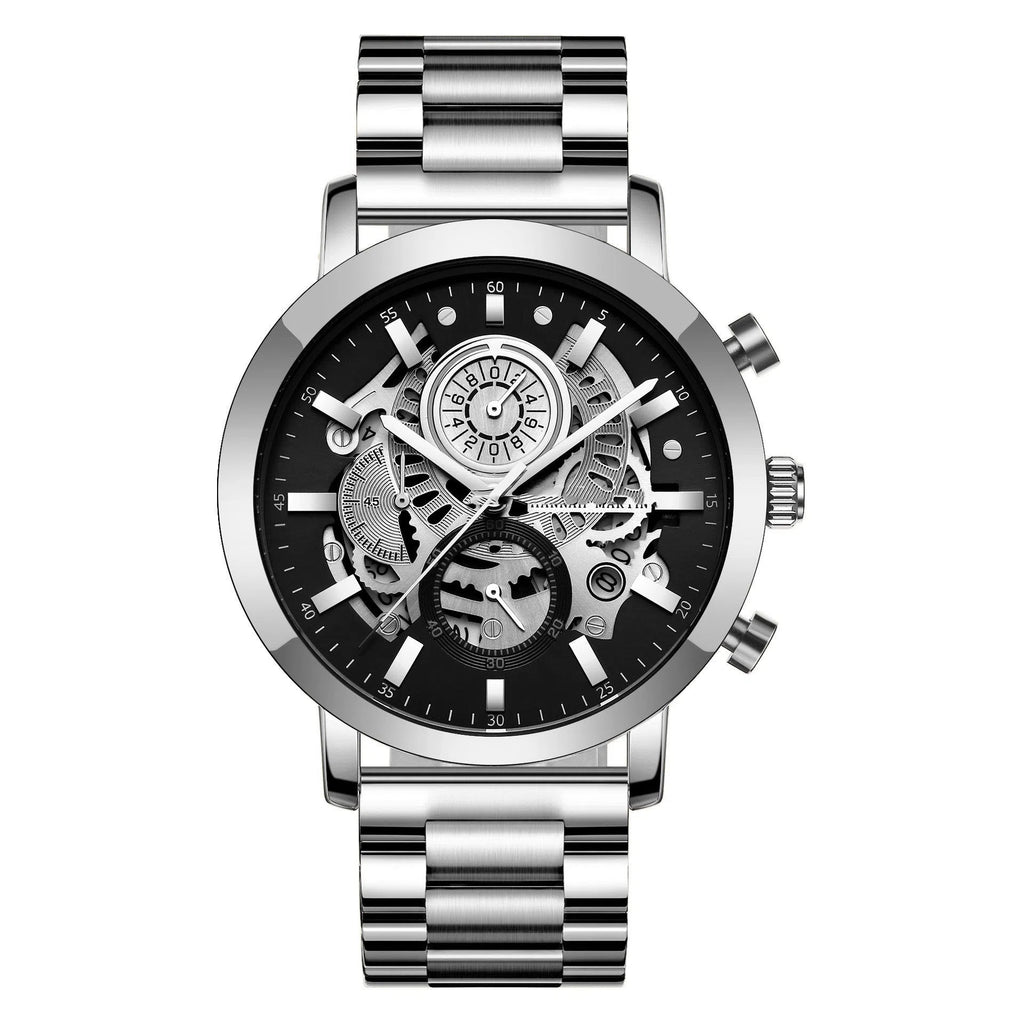 Men's multi-functional calendar watch with hollowed out round 45mm dial, stainless steel strap, gold or silver finish