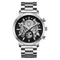 Men's multi-functional calendar watch with hollowed out round 45mm dial, stainless steel strap, gold or silver finish