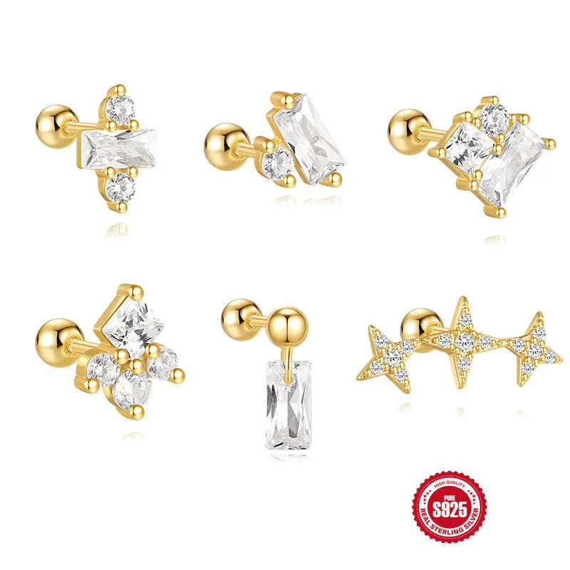 S925 sterling silver red flower stud earrings with square gravel details in gold colour