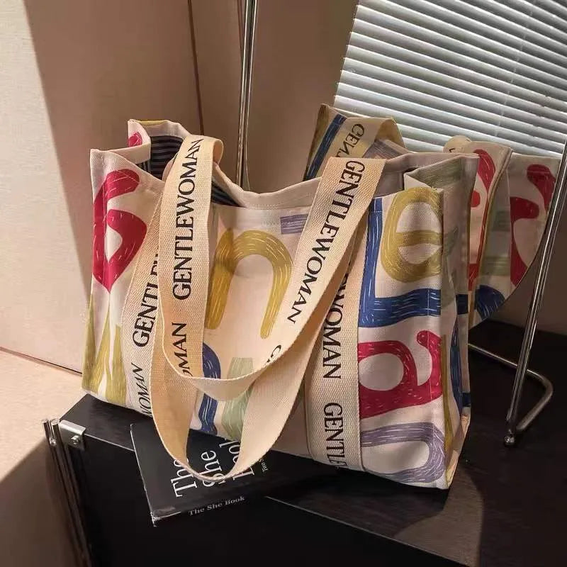 Canvas women's travel tote bag with large capacity and printing design in three colour options