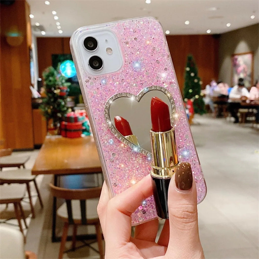 Epoxy mirror heart shape rhinestone phone case in glitter gold for Apple iPhone showing full coverage design