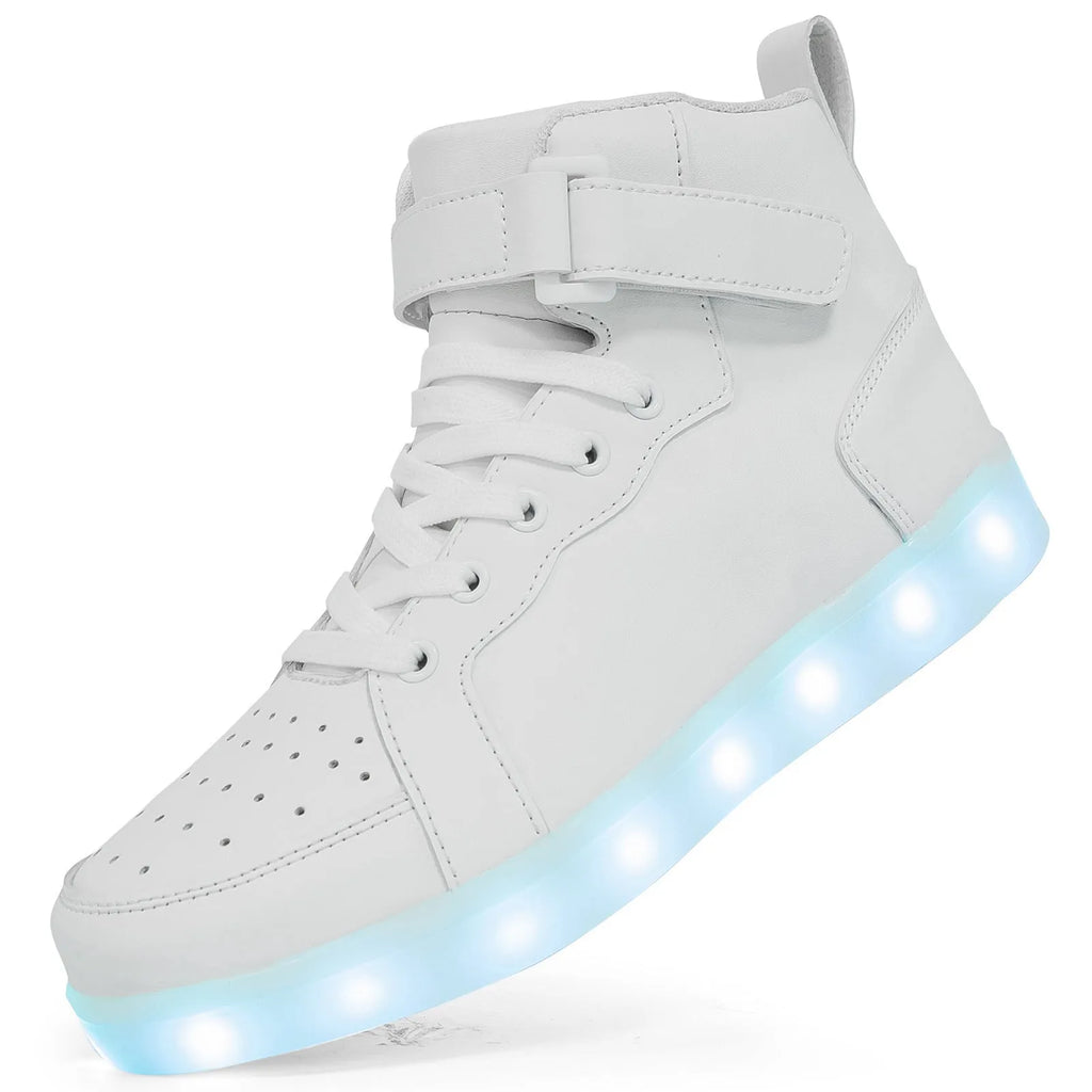 Black high-top LED light-up shoes with Velcro straps and a rubber sole.