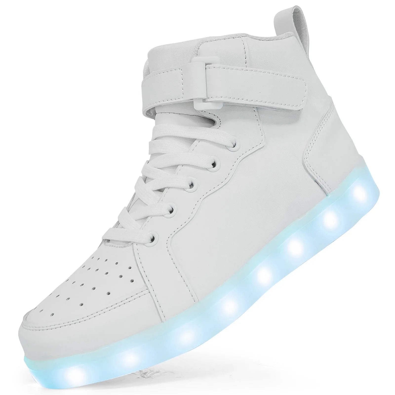 Black high-top LED light-up shoes with Velcro straps and a rubber sole.