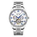 Men's stainless steel mechanical business watch with sapphire glass and genuine leather strap