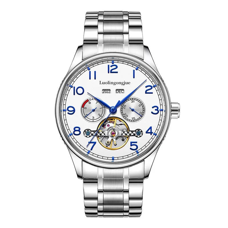 Men's stainless steel mechanical business watch with sapphire glass and genuine leather strap