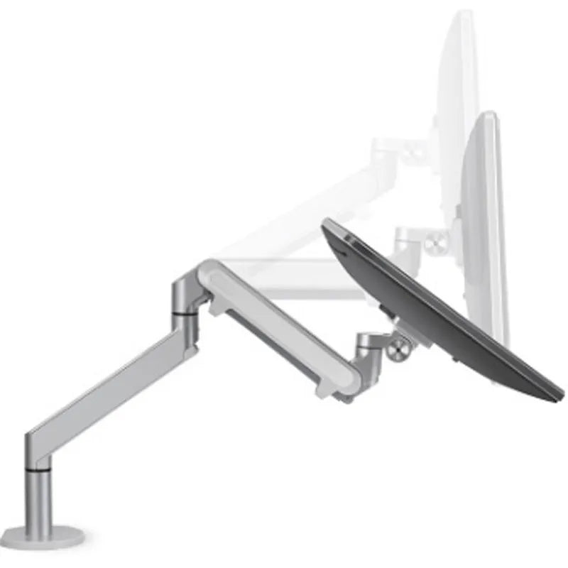 Silver aluminium laptop stand with adjustable air pressure arm holding a notebook above desktop