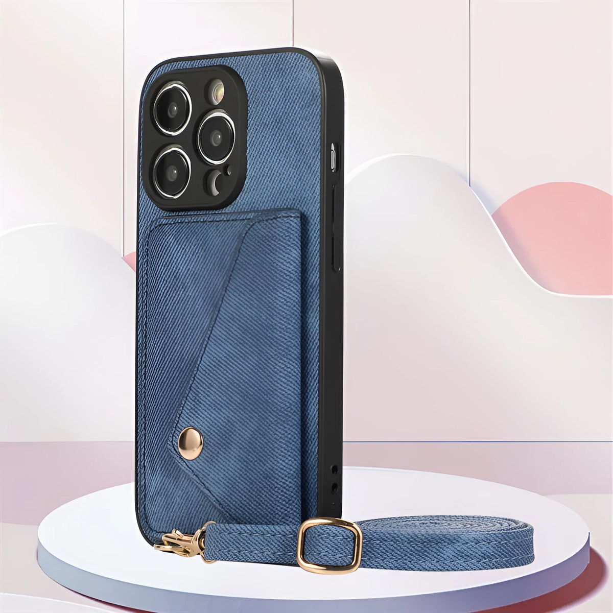 Denim-style faux leather phone case with lanyard and card clamp for iPhone in dark blue