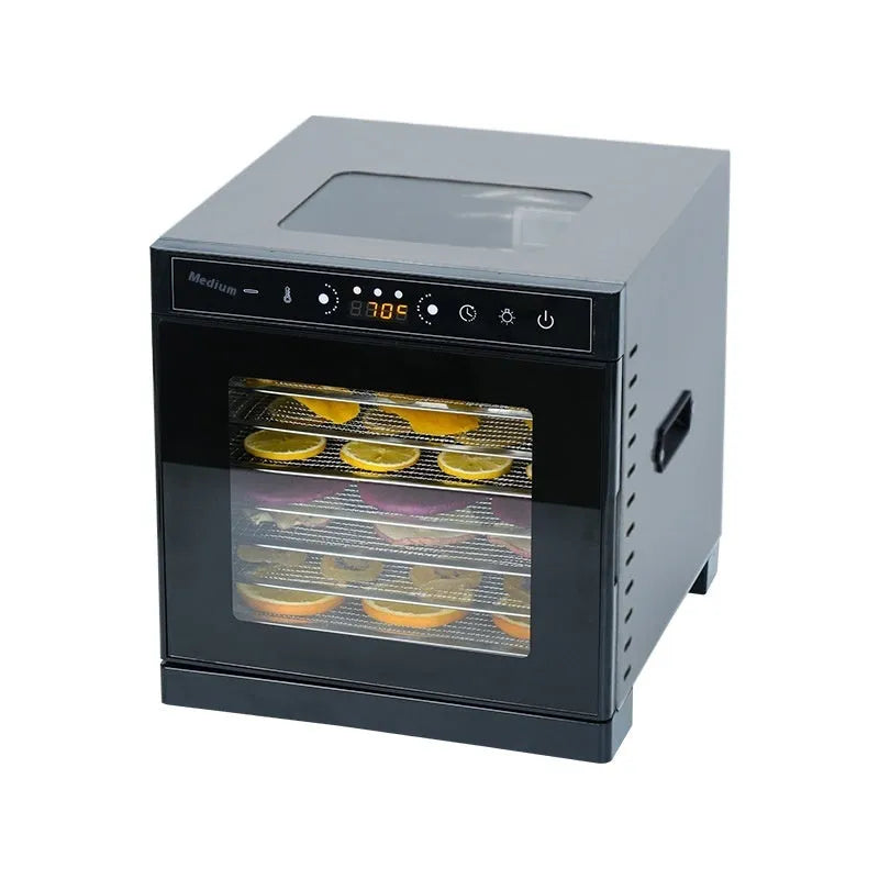 Stainless steel double-layer fruit dehydrator with LED control panel and multiple drying trays.