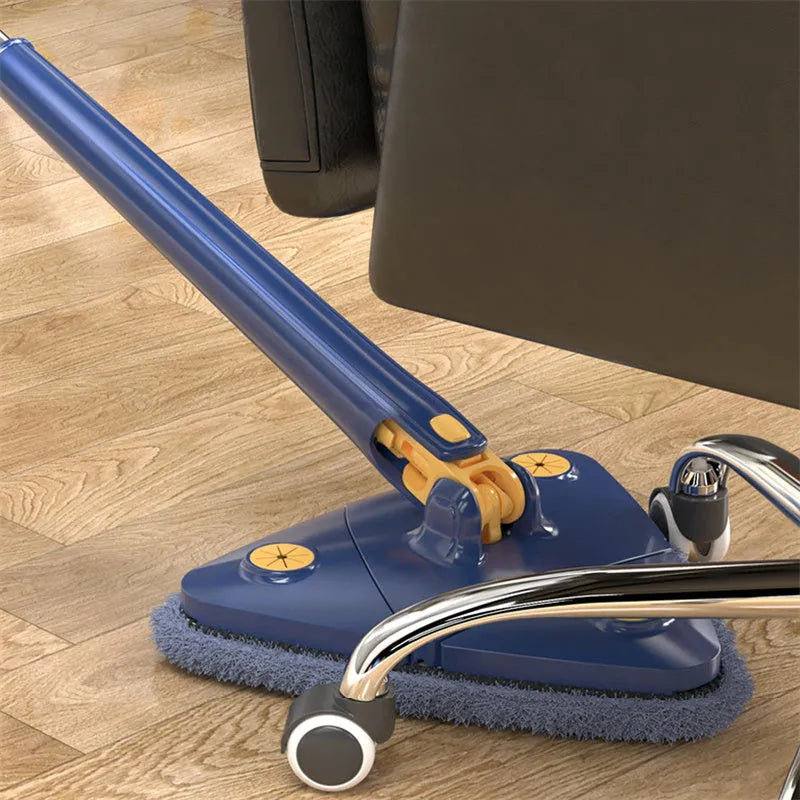 Blue triangle mop with rotating head on an extendable stainless steel pole for cleaning floors and walls.