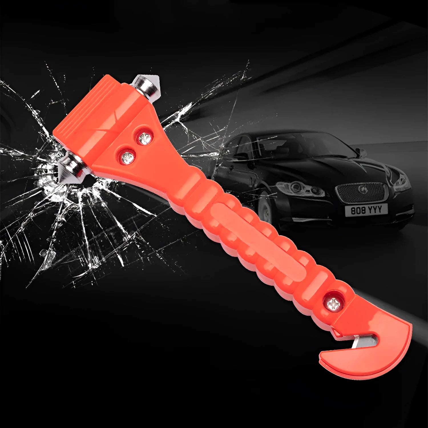 Red car emergency hammer with ABS plastic handle and carbon steel head for window breaking and seatbelt cutting